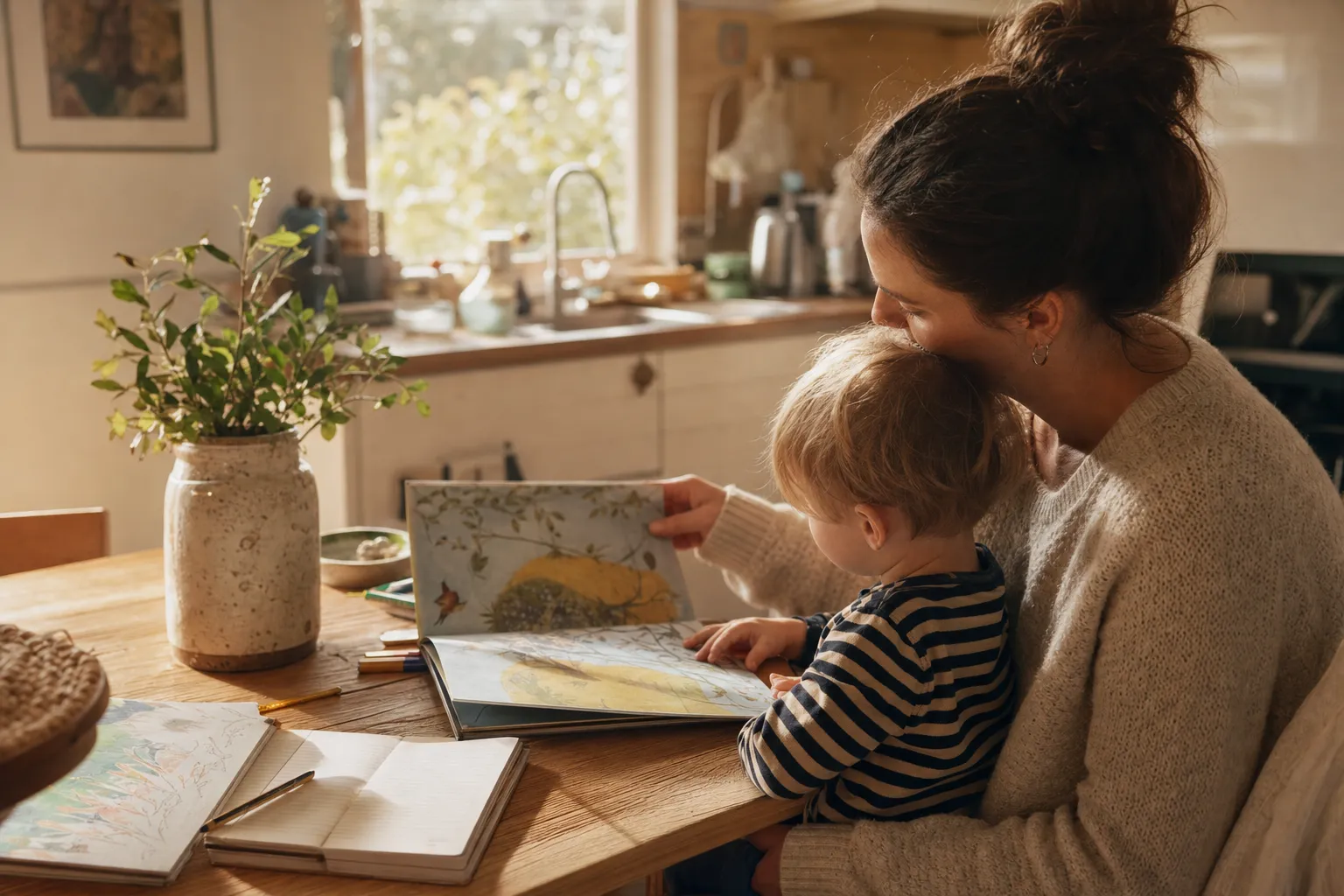 A mother and her young child reading together at home