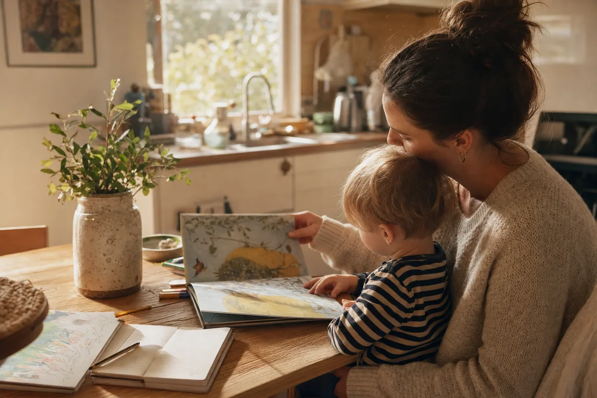 A mother and her young child reading together at home