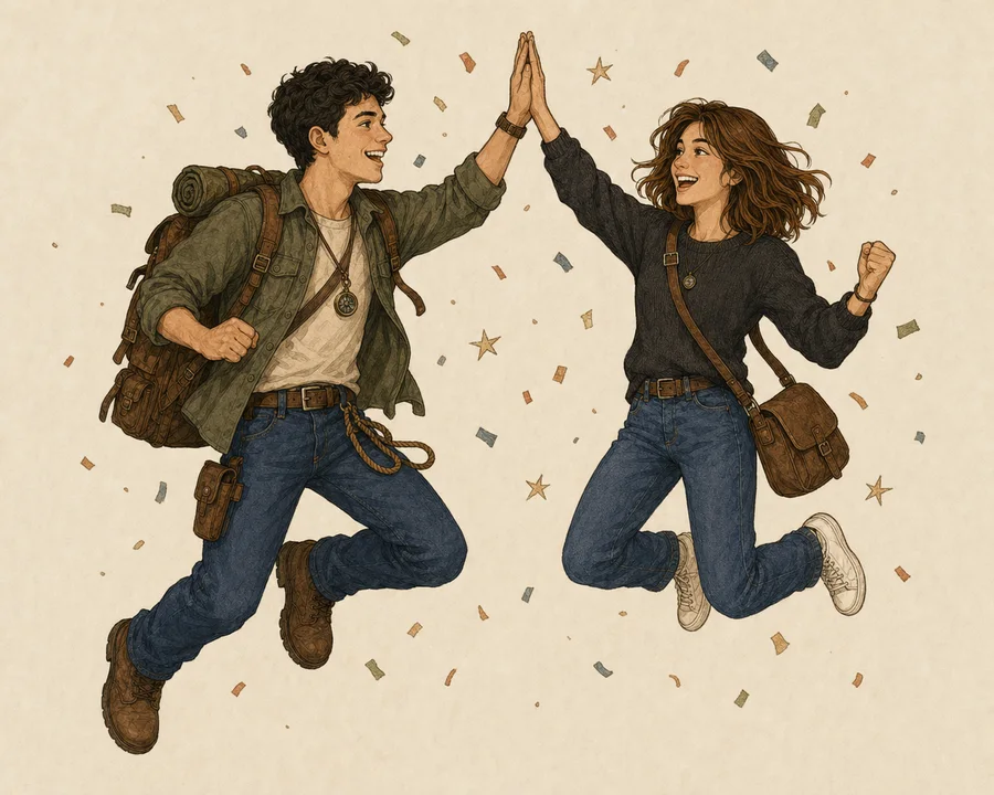 Sarah and John high-fiving with confetti