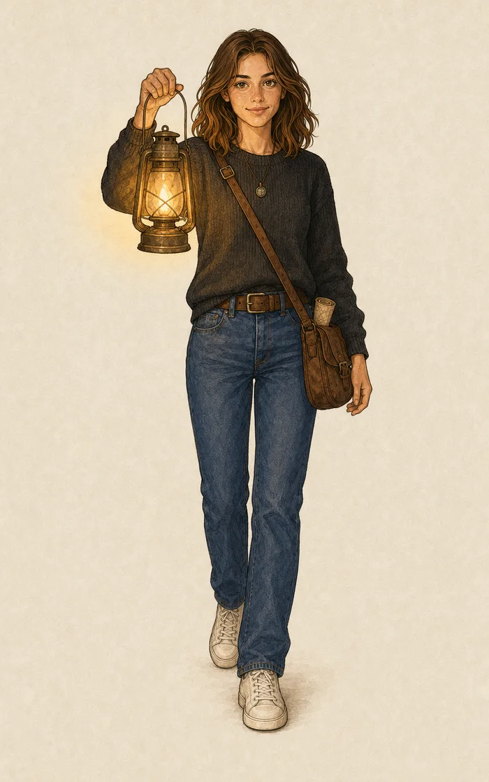 Sarah walking with a glowing lantern, lighting the way