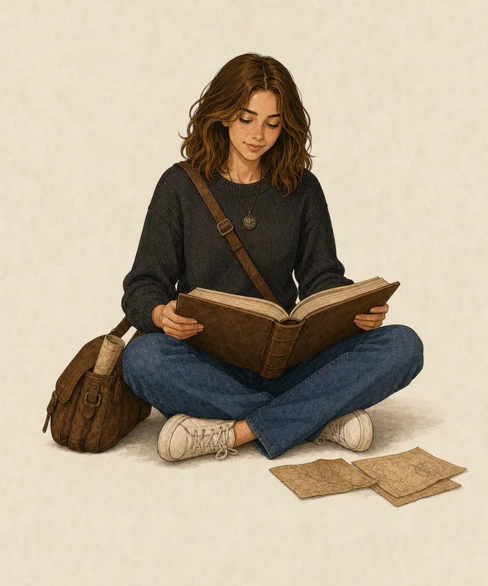 Sarah cross-legged, reading and learning