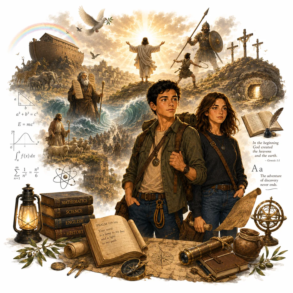 Two young explorers surrounded by Bible stories, school subjects and a glowing lantern